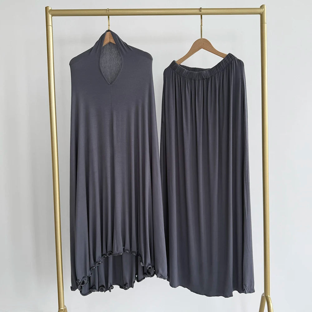 Cotton Jersey Prayer Set Stretchy EID Ramadan Islam Muslim Women Satin Rope Instant Hijab Khimar Skirt Pockets 2 Piece Jilbab