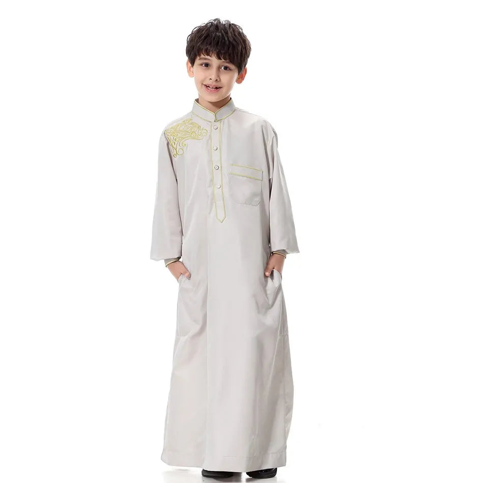 2025 New Kids Robe Children Embroidery Outfit Boys Ramadan Thawb Teens Long Sleeve National Clothes Arab Muslim Thobe 5-12 Years