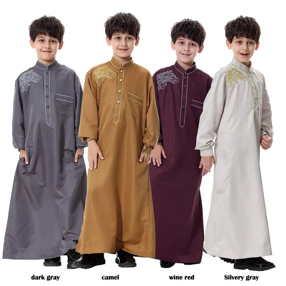 2025 New Kids Robe Children Embroidery Outfit Boys Ramadan Thawb Teens Long Sleeve National Clothes Arab Muslim Thobe 5-12 Years
