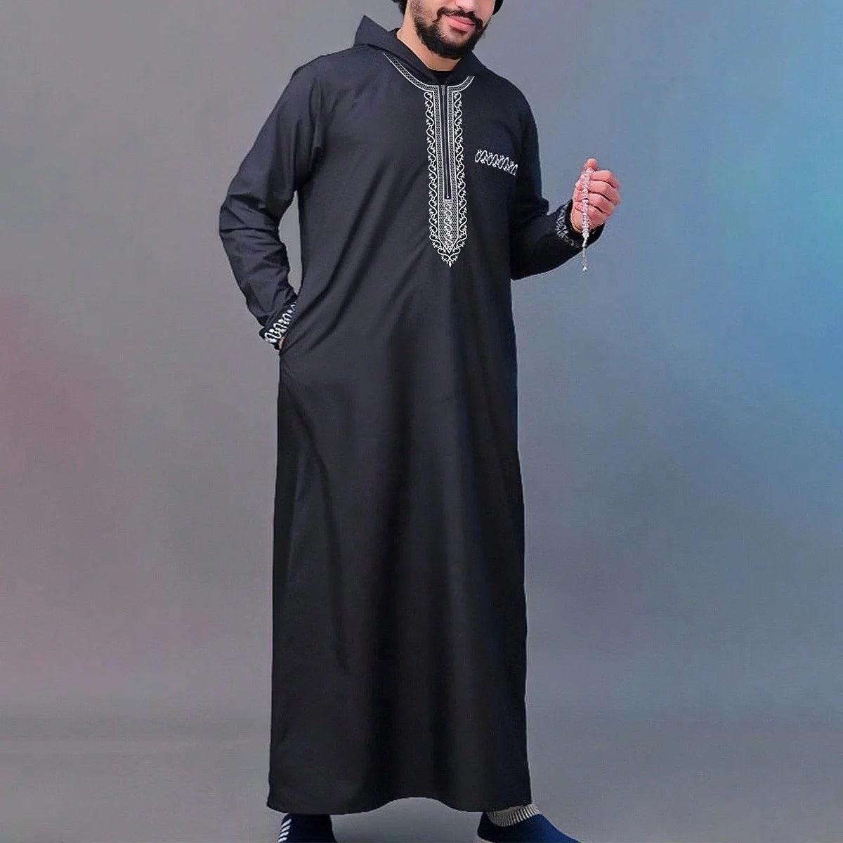 Muslim Men's Solid Color Hooded Zipper Thobe Long-Sleeved White Simple Islamic Arabic Ethnic Style Robe for Adult Party
