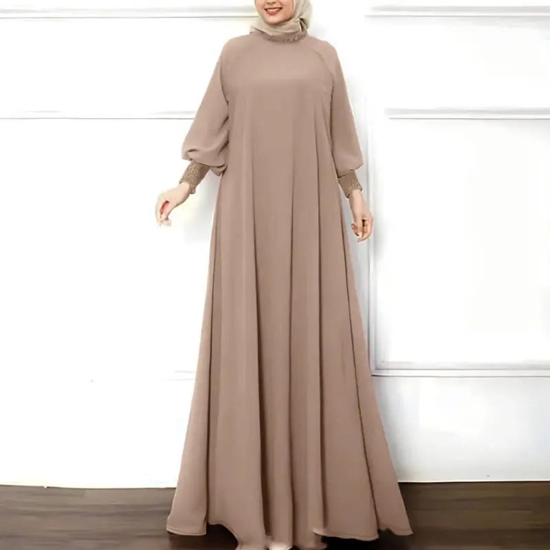 Maxi Dress Solid Women Long Sleeve Islamic Hijab Vestidos Ruffled O Neck Shirring Cuff Abaya Robes