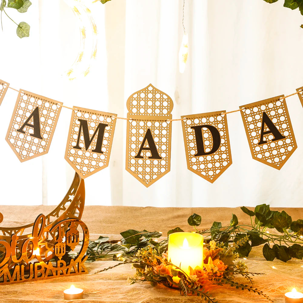 Ramadan Mubarak Banner - Hollow Lantern Hanging Garland for Islamic Muslim Eid Festival Home Party Ornament Wall Decor Supplies