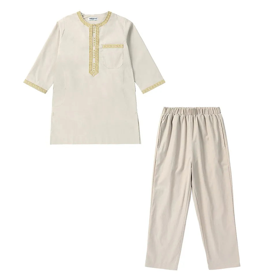 Ramadan Eid Muslim Boys Clothing Set Arab Thobe 2-Piece Outfit Long Sleeve Traditional for Kids Summer National Festival Costume