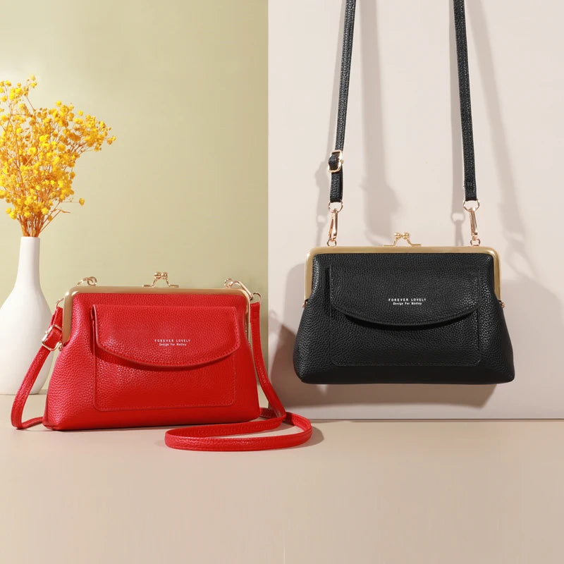 Women's Elegant PU Leather Clutch Wallet, Modern Kiss Lock & Zipper Design, Crossbody Bag With Adjustable Strap