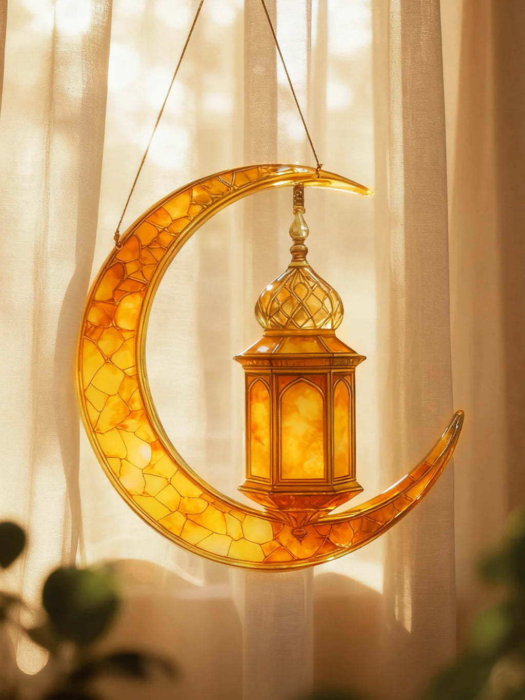 Islamic Moon Star Lantern Hanging Decor - Acrylic Eid Mubarak Ornament for Ramadan Kareem Muslim Festival Home Window Wall Decor
