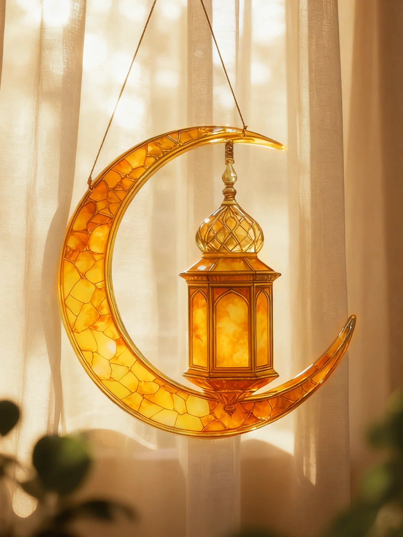 Islamic Moon Star Lantern Hanging Decor - Acrylic Eid Mubarak Ornament for Ramadan Kareem Muslim Festival Home Window Wall Decor