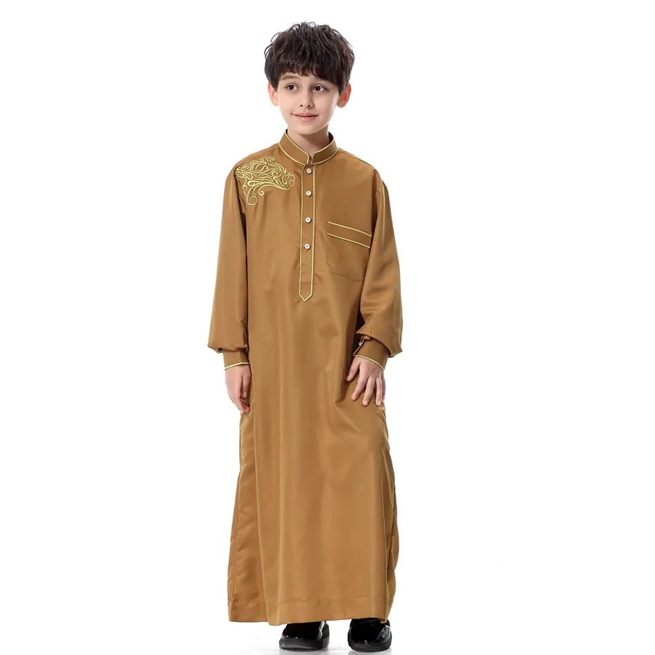 2025 New Kids Robe Children Embroidery Outfit Boys Ramadan Thawb Teens Long Sleeve National Clothes Arab Muslim Thobe 5-12 Years