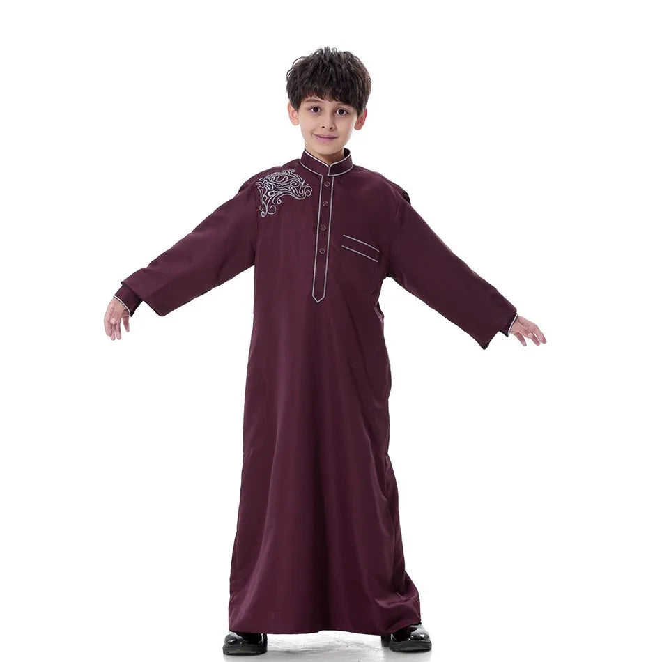 2025 New Kids Robe Children Embroidery Outfit Boys Ramadan Thawb Teens Long Sleeve National Clothes Arab Muslim Thobe 5-12 Years
