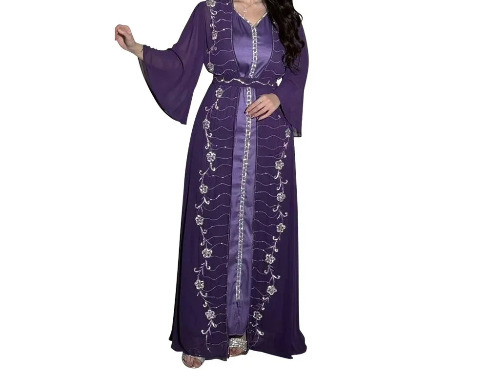 Muslim Set Dress Women Four-season Commute Muslim Set Fashion Party Dubai Turkey Long Sleeve Chiffon Cardigan Dress and Vest 2ps