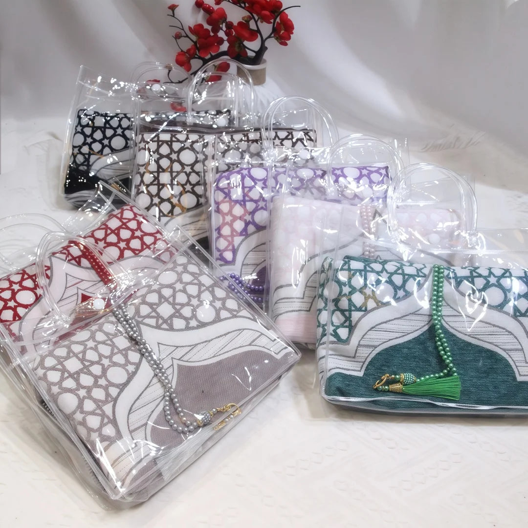 Muslim Prayer Rug and Beads with Portable Elegant Bag Soft Islamic Prayers Rug Islamic Gifts for Eid Ramadan,Travel Prayer Carpe