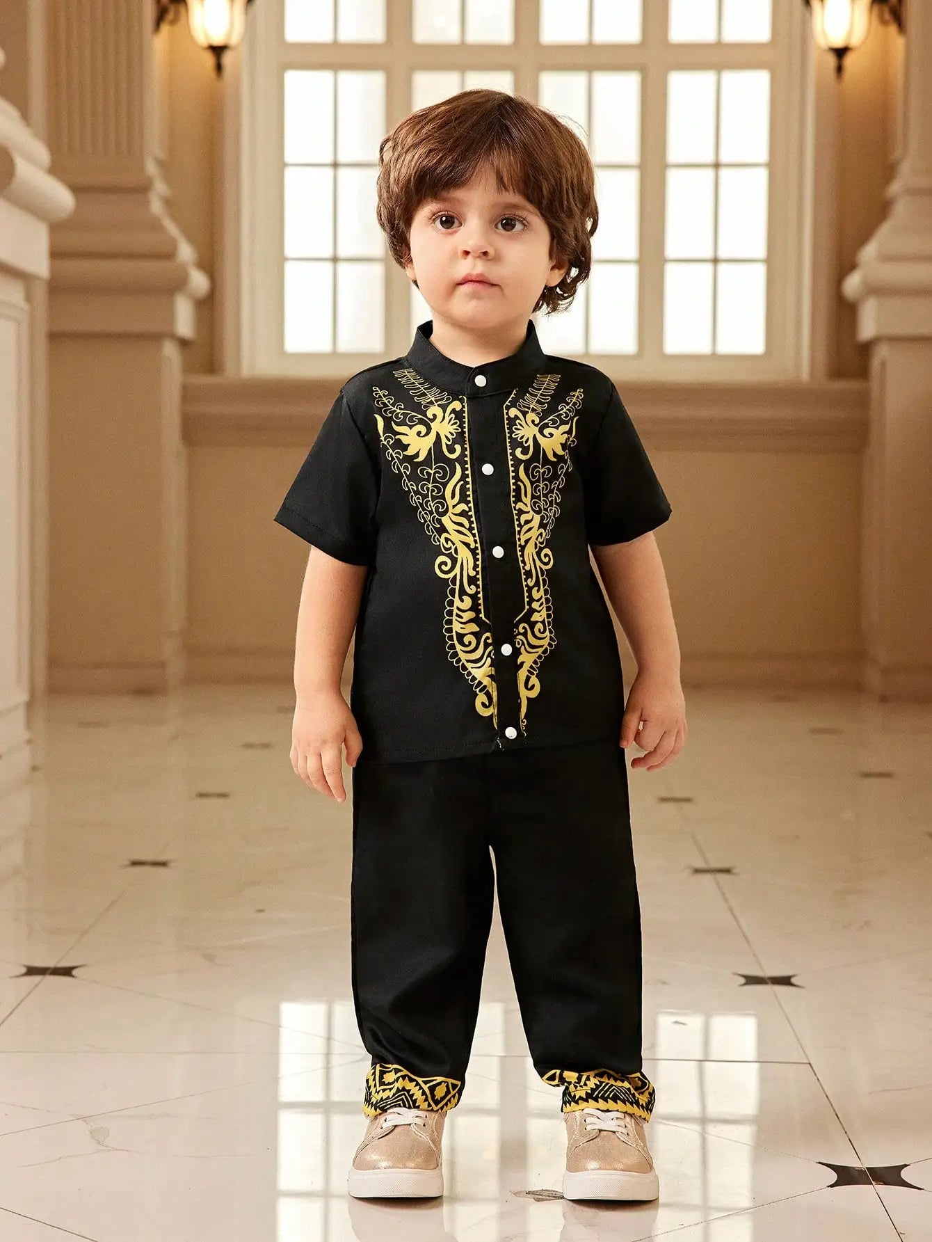 Middle Eastern Style Traditional Suit Summer Black Short Sleeve Trousers Yellow Print Cute Lively Comfortable Fashion Baby Boy