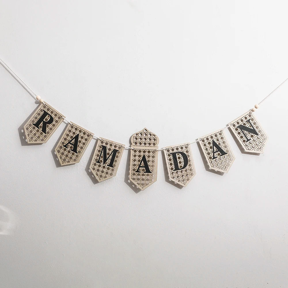 Ramadan Mubarak Banner - Hollow Lantern Hanging Garland for Islamic Muslim Eid Festival Home Party Ornament Wall Decor Supplies