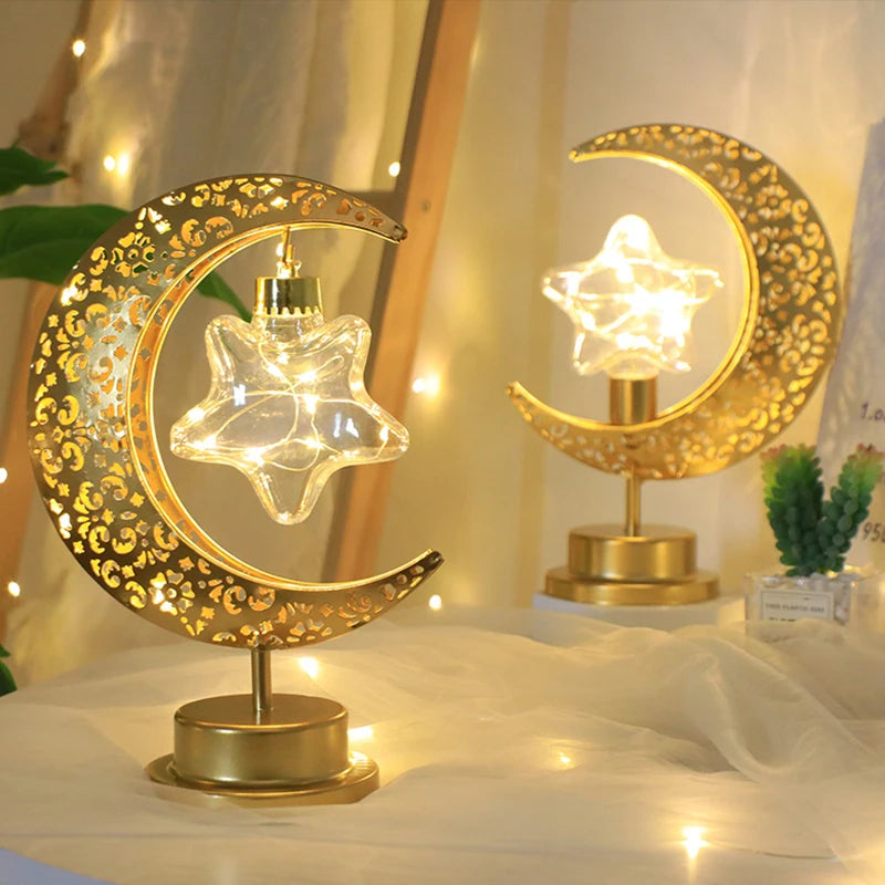 Ramadan Crescent Moon and Star Night Light Creative Eid Mubarak Led Light Islamic Muslim Desktop Decor Eid Party Supplies