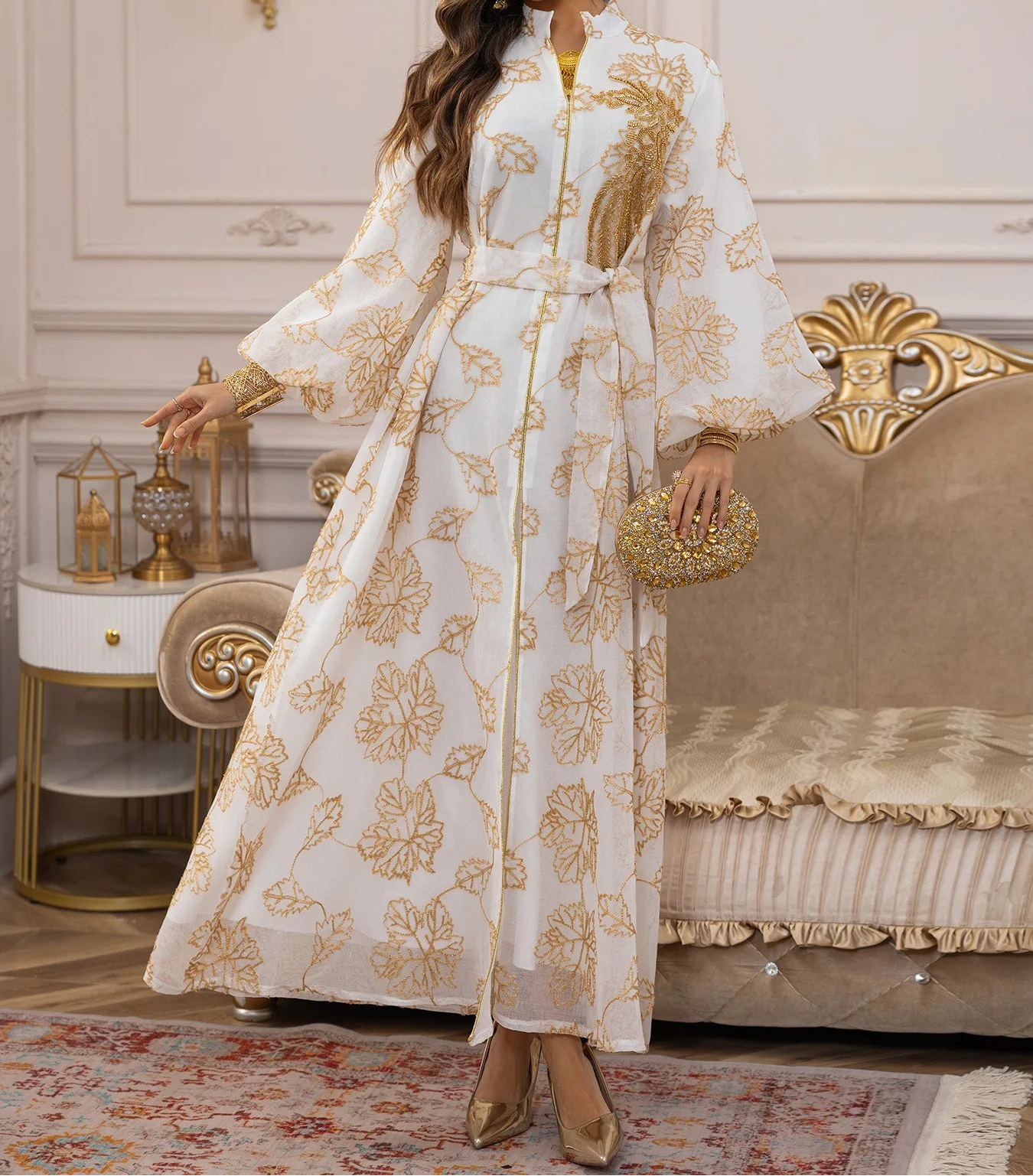 Luxury Muslim Abaya White Base Gold Floral Embroidered Long Dress with Belted Waist Elegant Modest Islam Formal Wear  Dubai