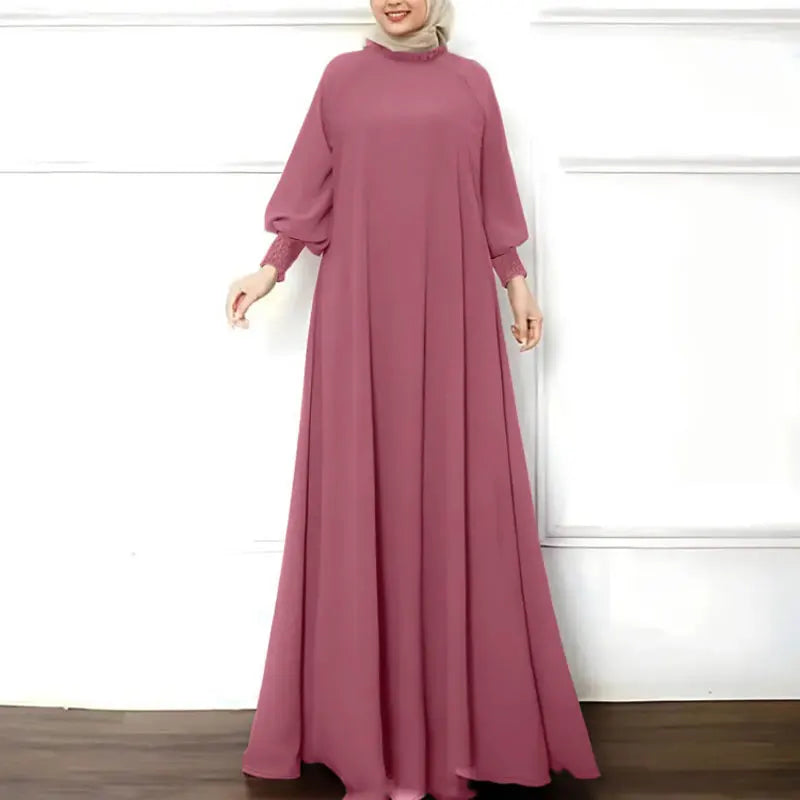 Maxi Dress Solid Women Long Sleeve Islamic Hijab Vestidos Ruffled O Neck Shirring Cuff Abaya Robes