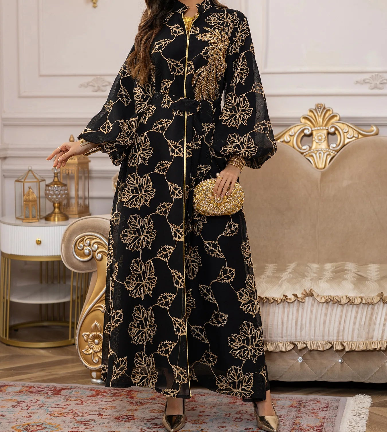 Luxury Muslim Abaya White Base Gold Floral Embroidered Long Dress with Belted Waist Elegant Modest Islam Formal Wear  Dubai
