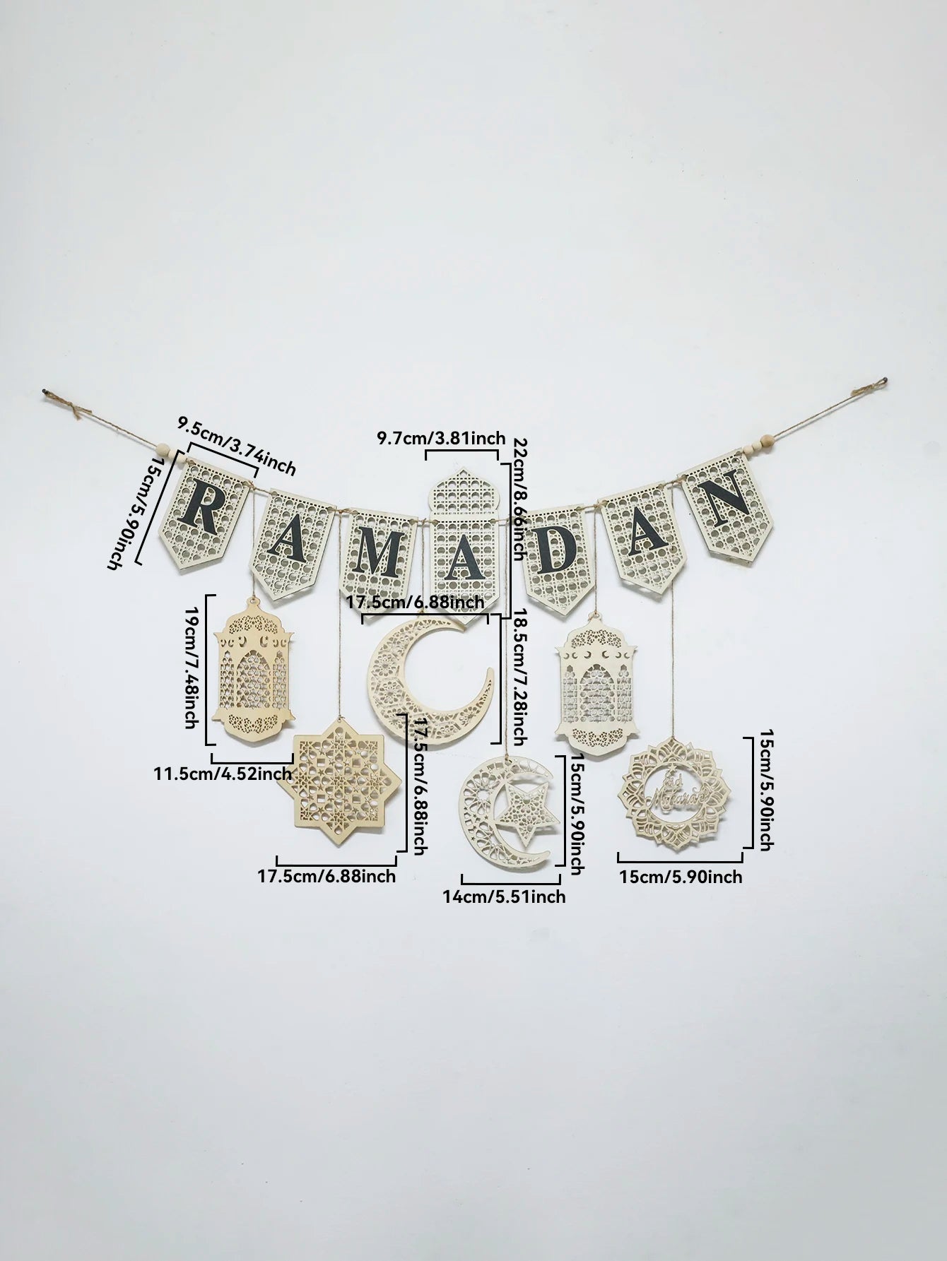 Ramadan Kareem Wooden Banner Garland - Islamic Moon Star Lantern Hanging Decor for Muslim Festival Home Party Wall Ornament Gift