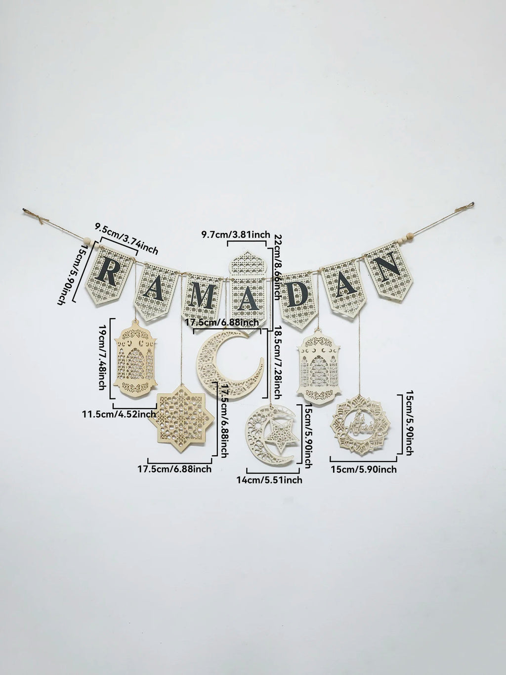 Ramadan Kareem Wooden Banner Garland - Islamic Moon Star Lantern Hanging Decor for Muslim Festival Home Party Wall Ornament Gift