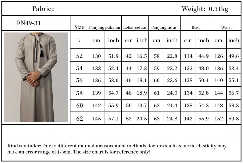 Muslim Men Long Sleeve Pullover Abaya Daffah Jubba Thobe Kaftan Prayer Robe Casual Islam Clothing for Pakistan Saudi Arabia Afghanistan