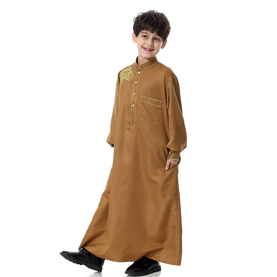 2025 New Kids Robe Children Embroidery Outfit Boys Ramadan Thawb Teens Long Sleeve National Clothes Arab Muslim Thobe 5-12 Years