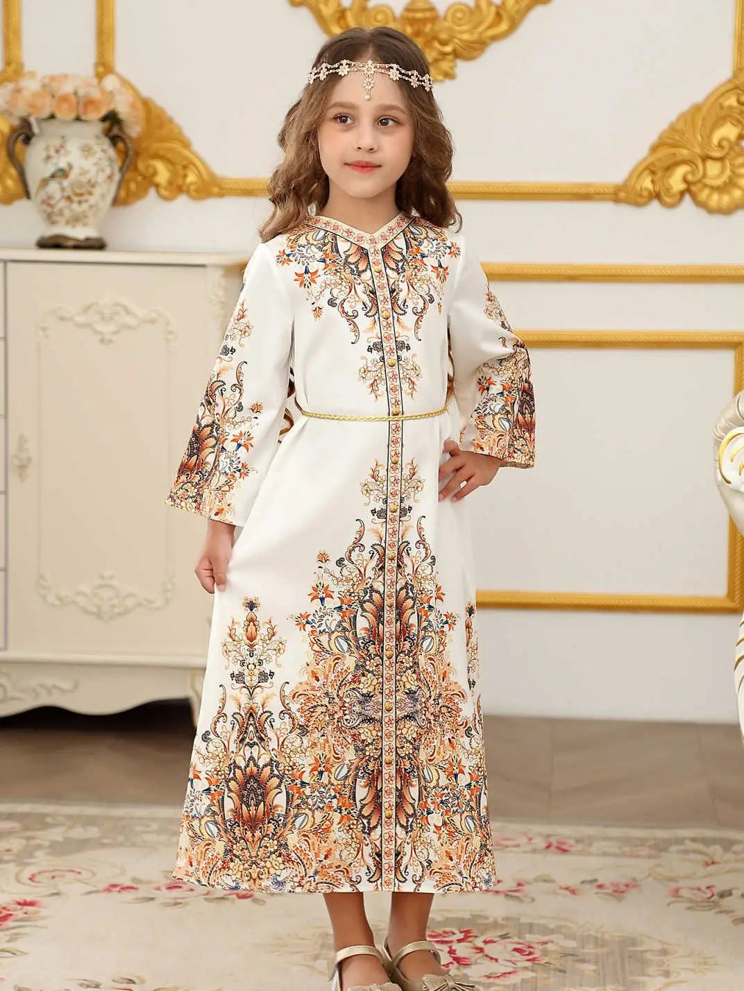 Middle East Robes for Girls Muslim Fashion Abayas Arabian Turkish Kaftan Dubai Islamic Children Clothing Print Dress Party Gowns
