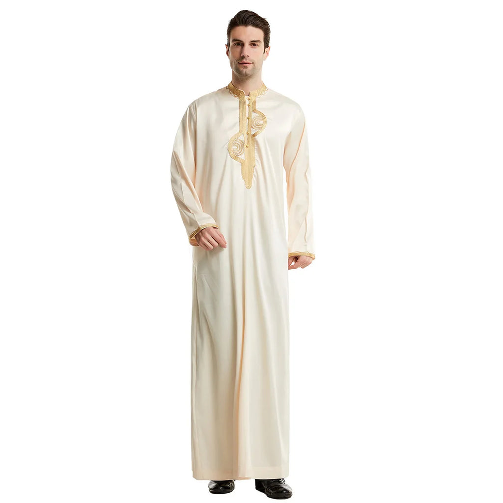 Men's Fashion Embroidered Long Robe Muslim Jubba Thobe Stand Collar Long Sleeve Daily Wear Polyester Spring Autumn