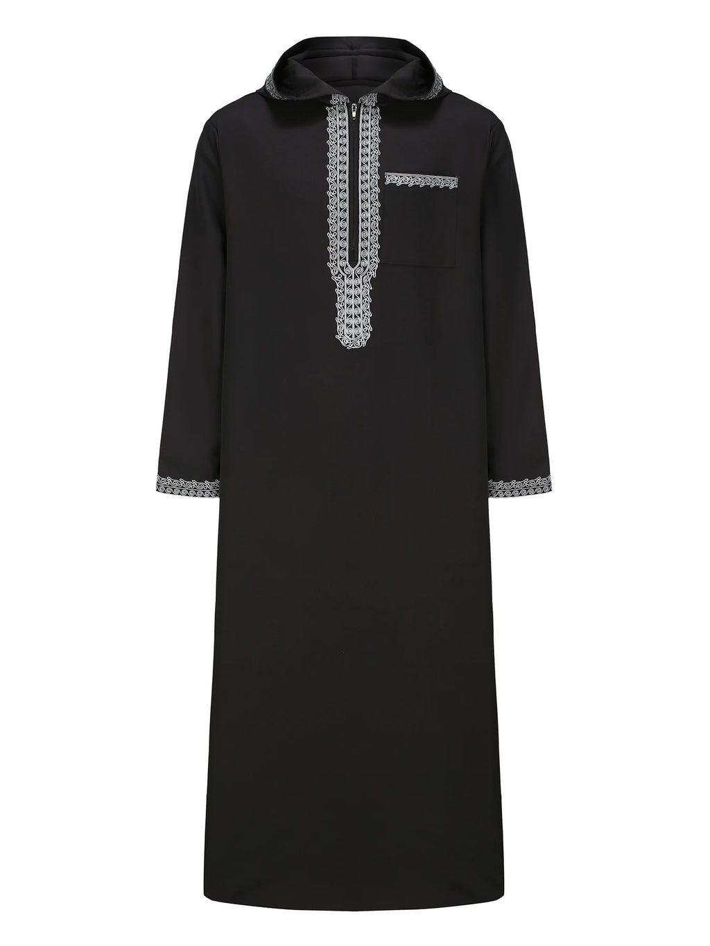 Moroccan Long-Sleeved Embroidered Hood Thobe Muslim Man Abaya Islamic Loose Fit Polyester Elastane Fashion Jubba Thobe for Adults