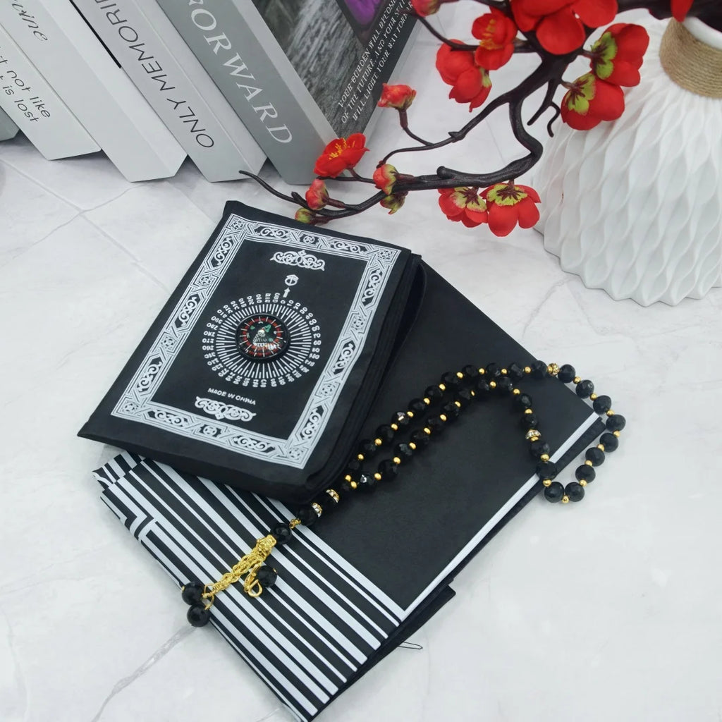 Travel Prayer Mat Rug With Prayer Beads Pocket Travel Foldable Portable Muslim Prayer Carpet with Compass Praying Rug