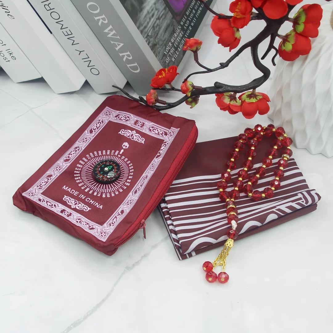 Travel Prayer Mat Rug With Prayer Beads Pocket Travel Foldable Portable Muslim Prayer Carpet with Compass Praying Rug