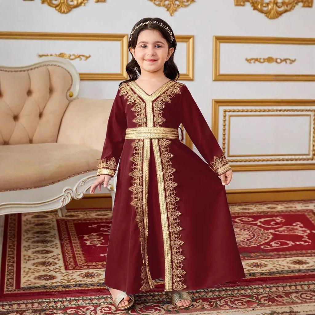 New Girl Ethnic Kaftan Dress Fashion Muslim Child Lace With Bow Belt Long Sleeves Dubai Banquet Gown Dress