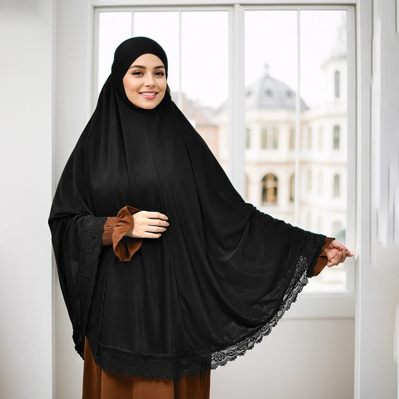 Muslim Abayas Full Cover Lace Edge Women Black Clothing Solid Color Instant Hijab Soft Premuim Cotton Hemp Ramadan Prayer Dress