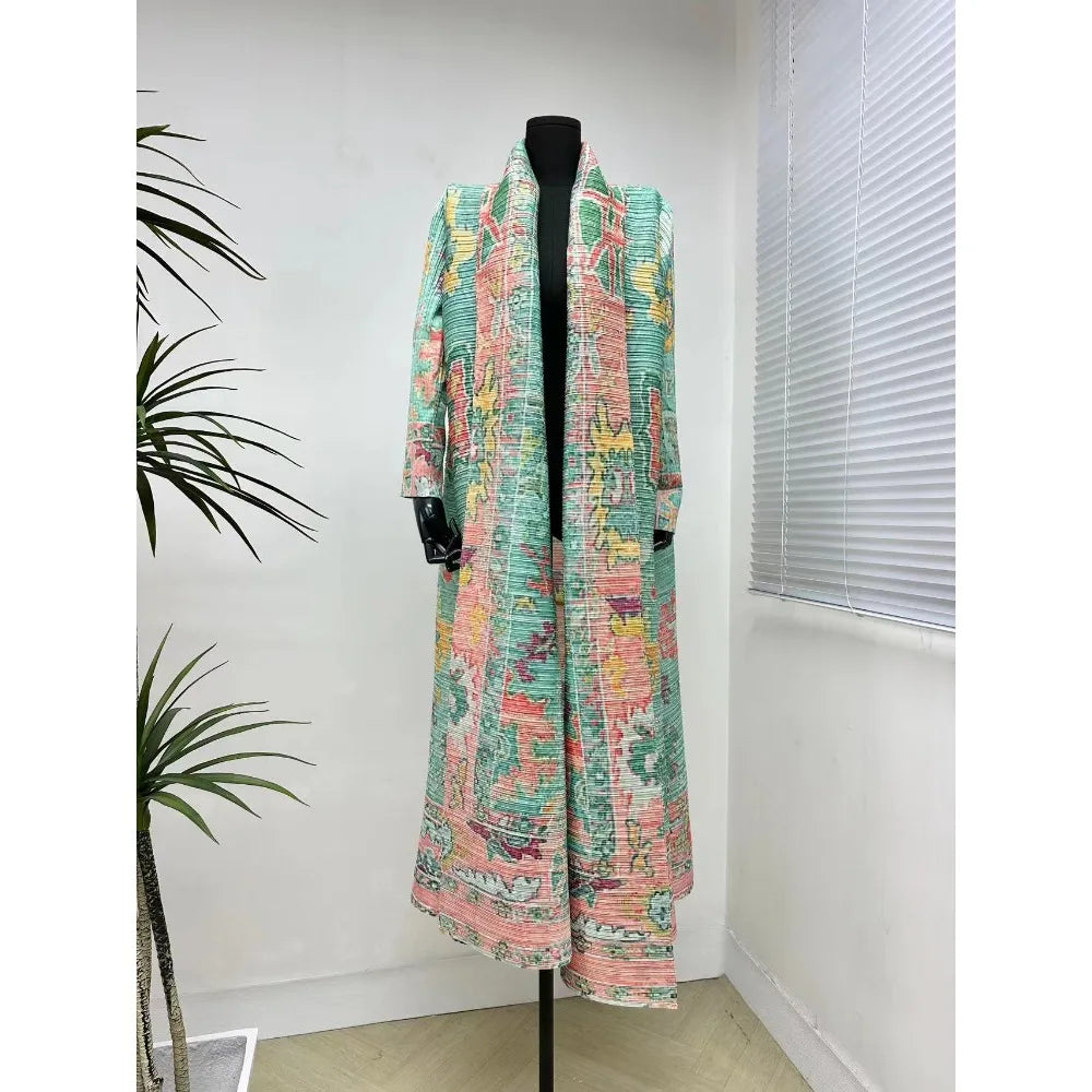 Miyake Pleated Women's Long Cardigan Windbreaker Coat Autumn New Ethnic Style Printing Loose Plus Size Dress Cloak Robe