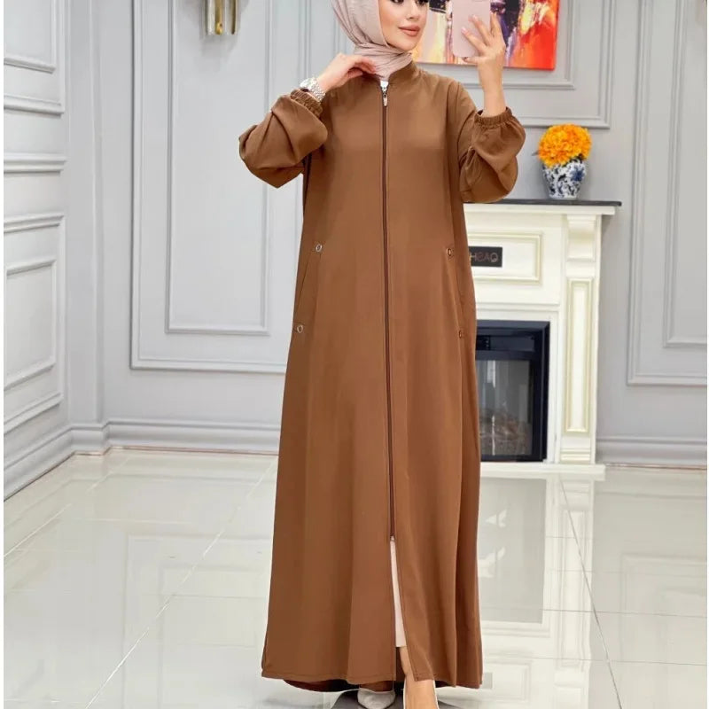 Middle East Dubai New Hot Sale Of The Season Women's Fashion Stand Collar Zipper Pocket Loose Casual Dress Gown Comfortable Eleg