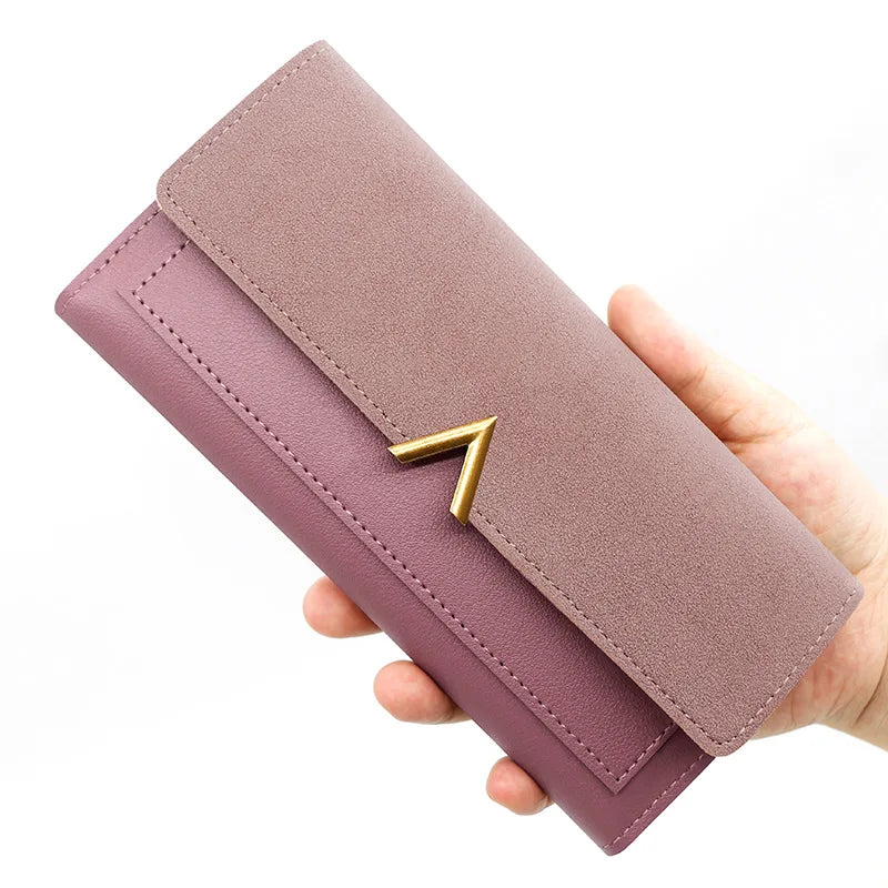 New Korean version women's wallet long V-shaped buckle three fold wallet for women, hand-held bag, change card bag