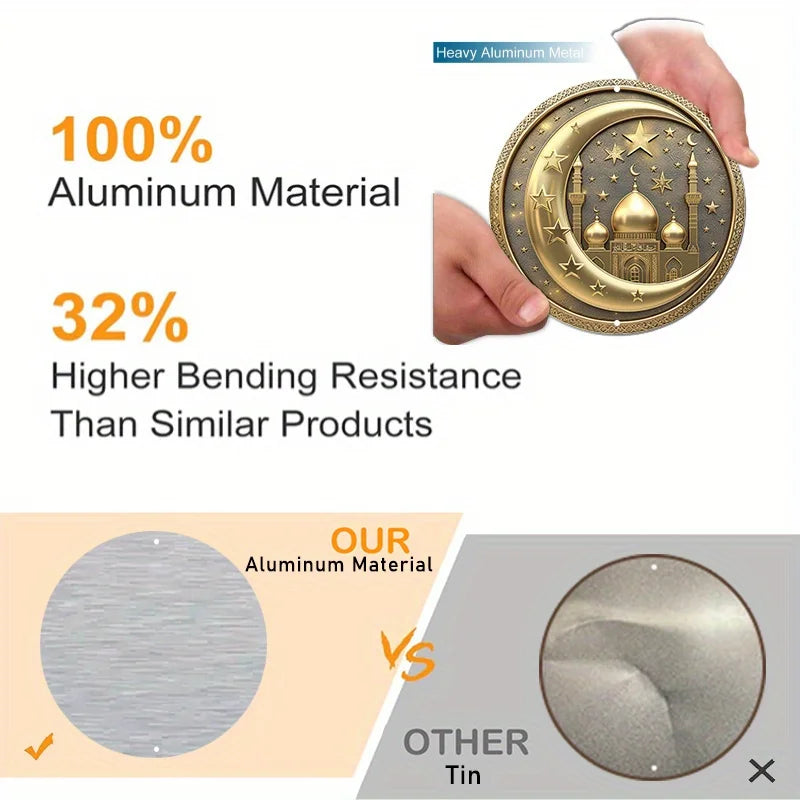 Metal Wall Sign for Islamic Crescent Moon and Stars, Aluminum Door Hanger, Weather-Resistant, HD Printed, Mosque Art Decor