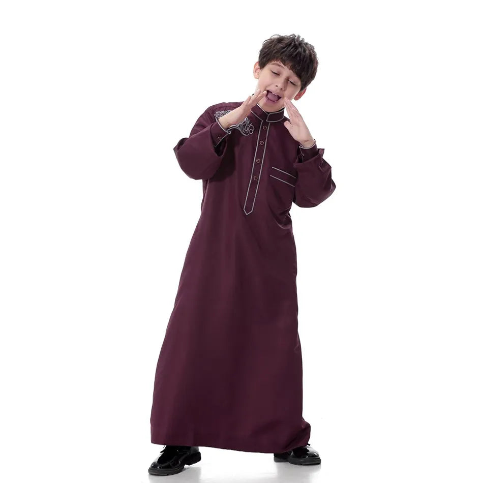 2025 New Kids Robe Children Embroidery Outfit Boys Ramadan Thawb Teens Long Sleeve National Clothes Arab Muslim Thobe 5-12 Years