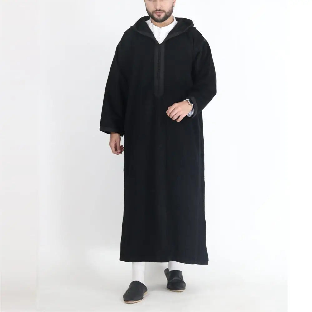 Men's Jellaba Thobe Hooded Long Sleeve Muslim Robe Galabia Musulamne Boubou Dress Elegant Islam Kameez for All Seasons Size M-4XL