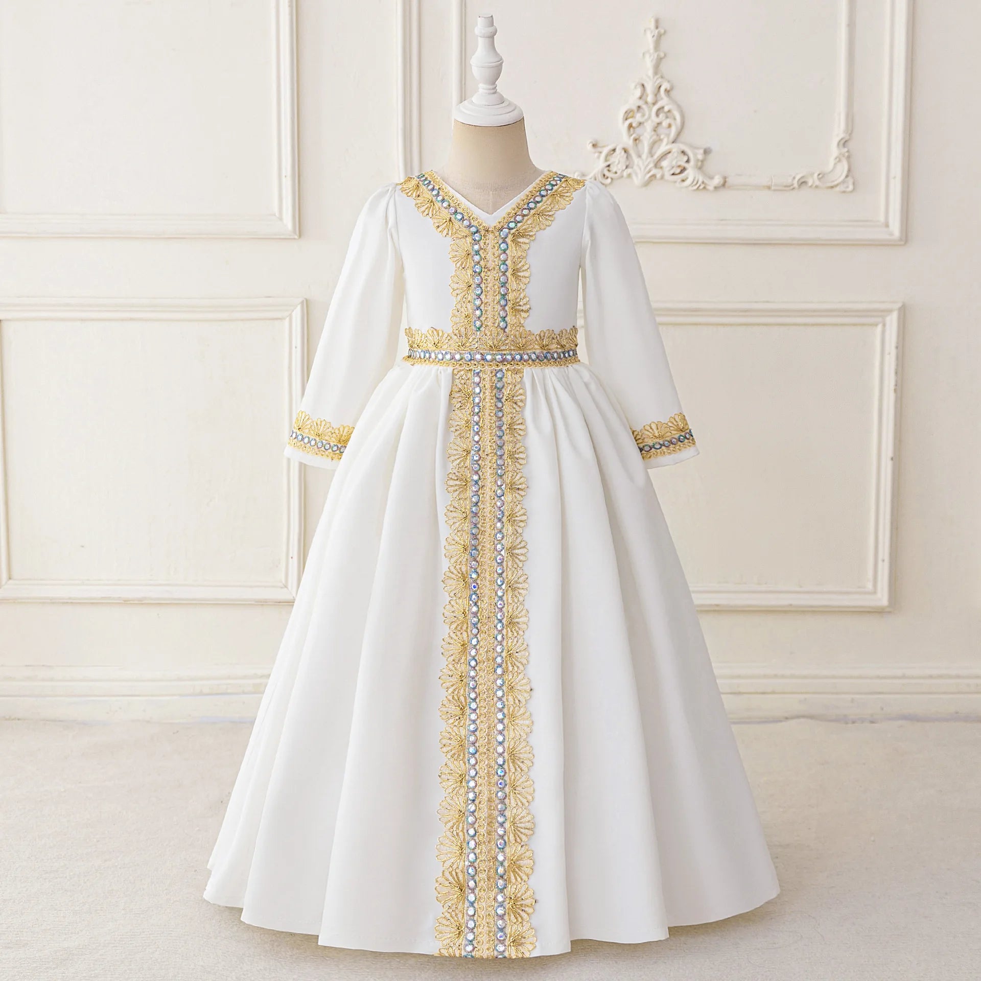 Middle Eastern Arabian Kids Robe Splice Embroidered Belt Dress Muslim Long Sleeve Abayas Dubai Islam Girls Lace Dress Party Gown