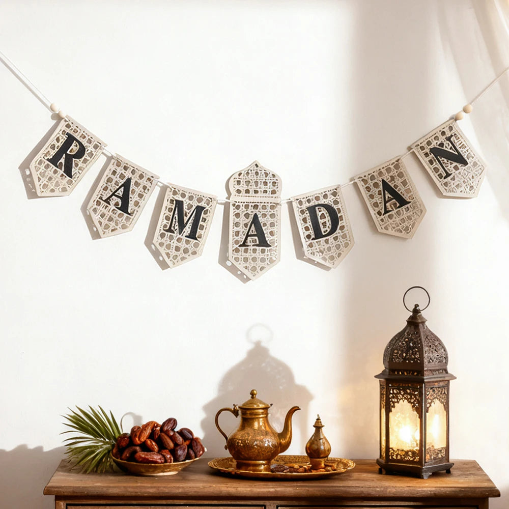 Ramadan Mubarak Banner - Hollow Lantern Hanging Garland for Islamic Muslim Eid Festival Home Party Ornament Wall Decor Supplies