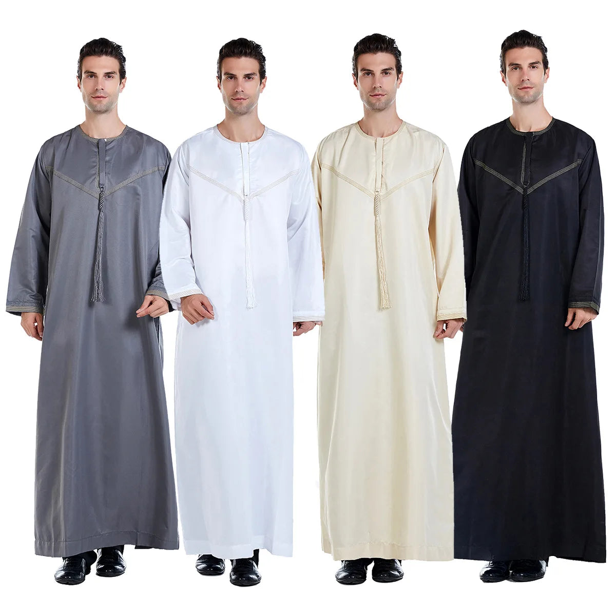 Men's Muslim Kaftan Grey/Black Elegant round Neck Arab Vintage Robe Long Sleeves Spring Winter Thobe for Dubai Saudi Occasions