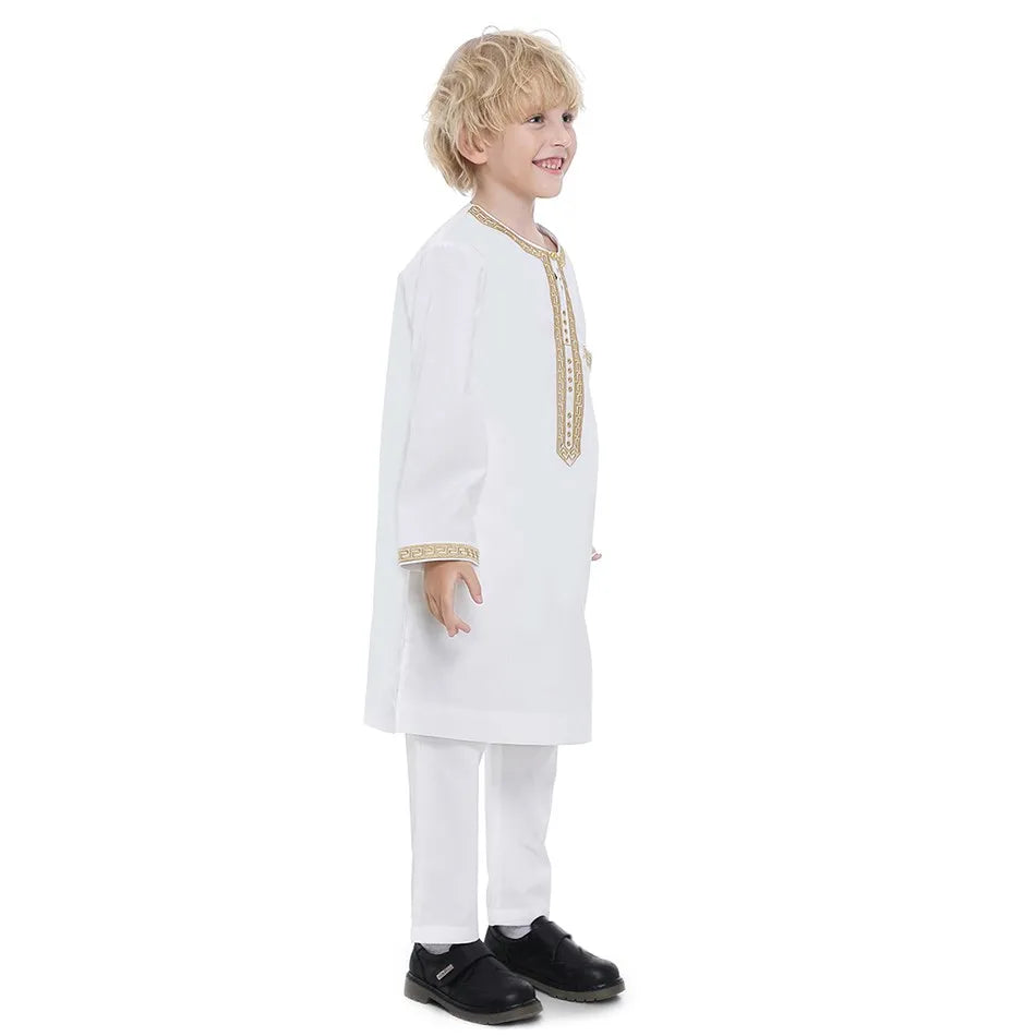 Ramadan Eid Muslim Boys Clothing Set Arab Thobe 2-Piece Outfit Long Sleeve Traditional for Kids Summer National Festival Costume