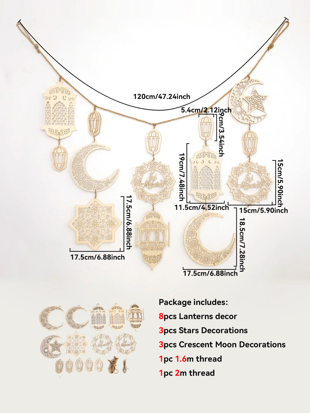 Eid Mubarak Wooden Garland Islamic Moon Star Lantern Hanging Decor for Ramadan Kareem Muslim Festival Home Party Wall Decoration