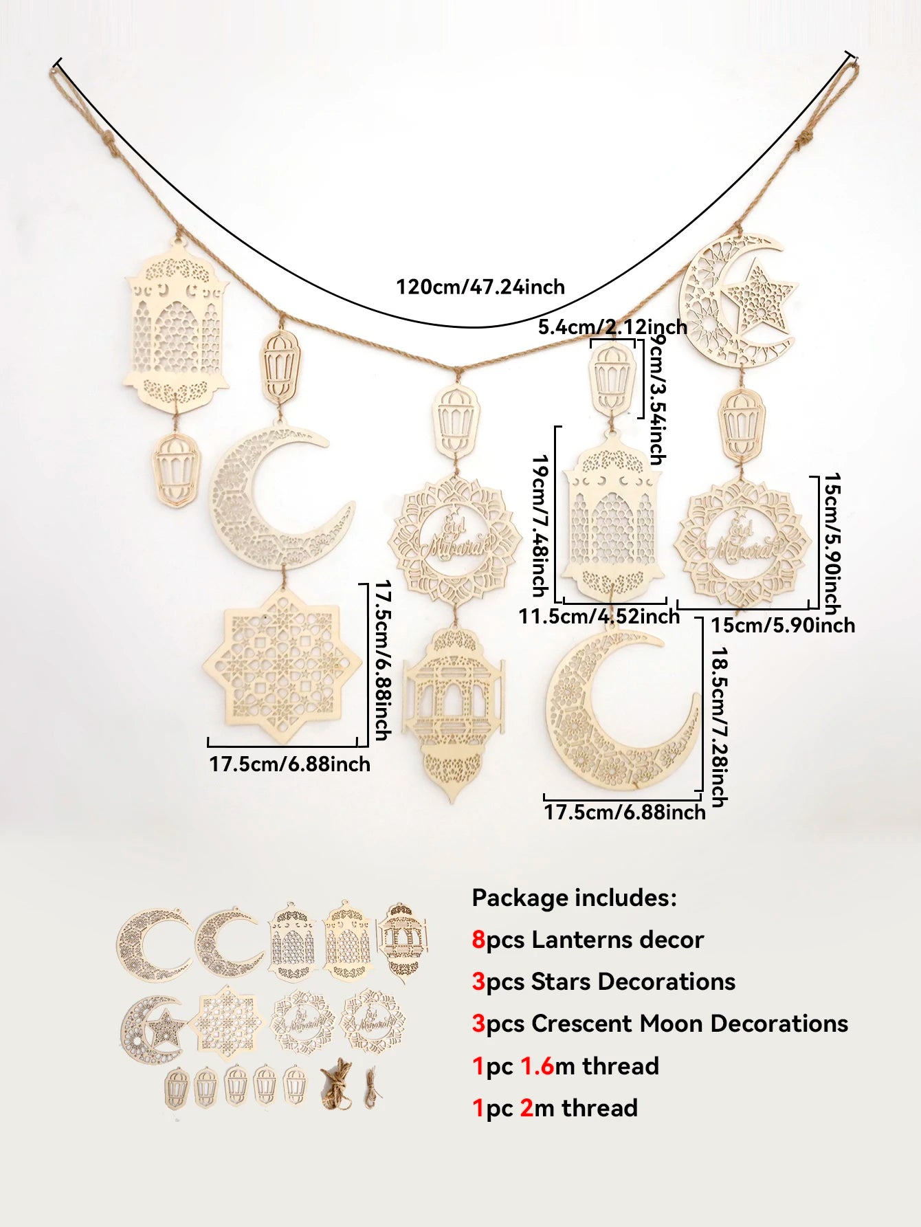 Eid Mubarak Wooden Garland Islamic Moon Star Lantern Hanging Decor for Ramadan Kareem Muslim Festival Home Party Wall Decoration