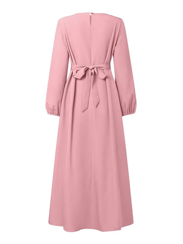 Dresses Modest Ruffles Trim O-Neck Lantern Sleeve Tied-Back Maxi Dress Muslim Woman Clothes 3XL