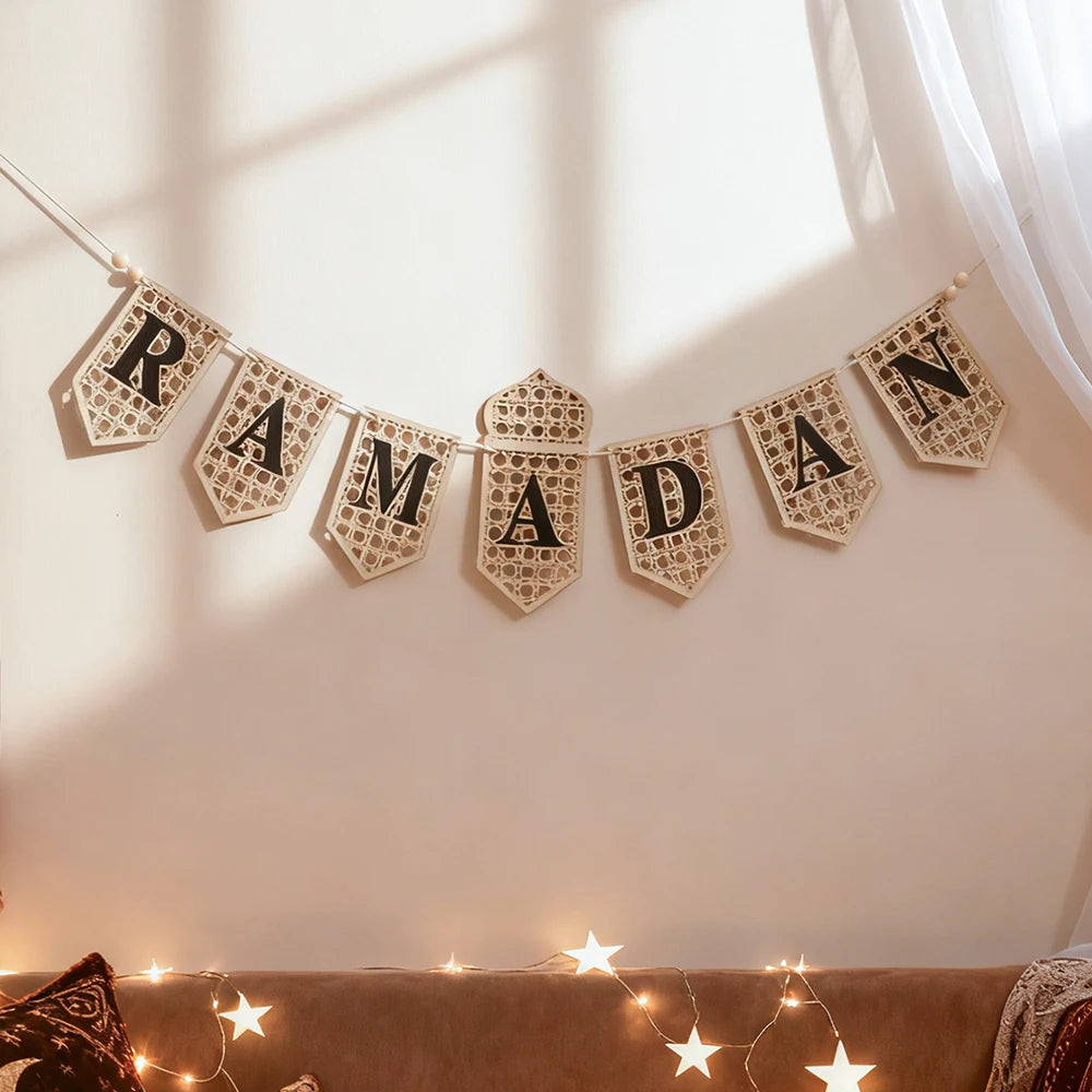 Ramadan Mubarak Banner - Hollow Lantern Hanging Garland for Islamic Muslim Eid Festival Home Party Ornament Wall Decor Supplies