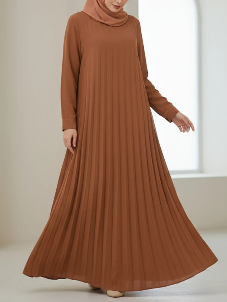 Dresses Women Muslim O-Neck Long Sleeve Belted Pleated Maxi Dress Elegant Loose Abaya Robes