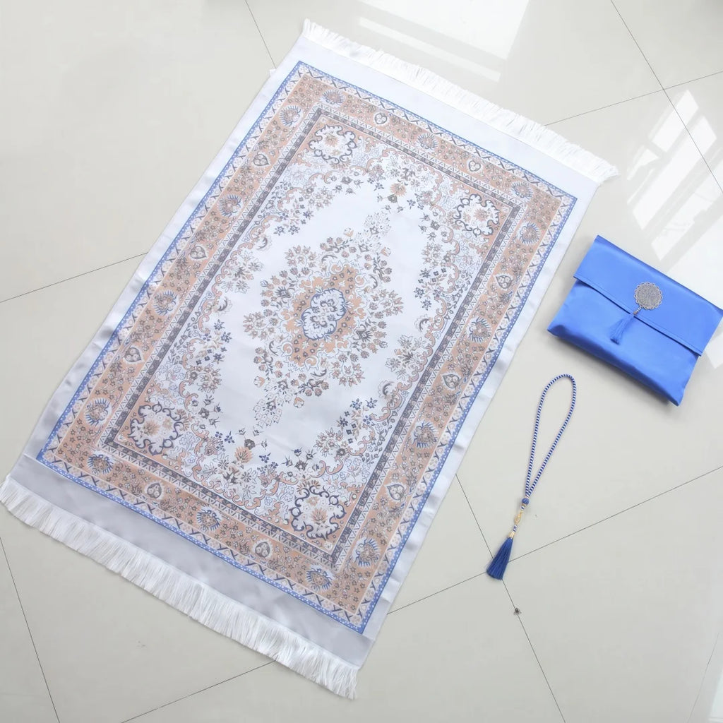 Muslim Prayer Rug and Beads with Portable Elegant Fabric Bag Soft Islamic Prayers Rug Islamic Gifts for Eid Travel Prayer Mat