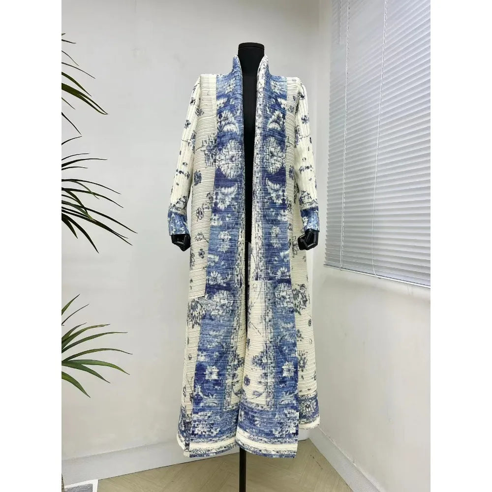 Miyake Pleated Women's Long Cardigan Windbreaker Coat Autumn New Ethnic Style Printing Loose Plus Size Dress Cloak Robe