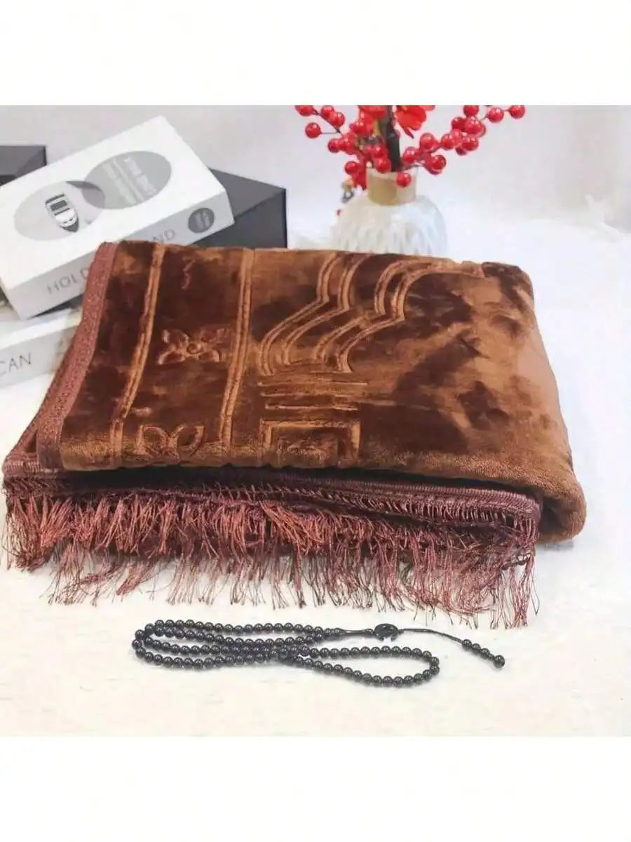Prayer Rug Muslim Velvet Mat Islamic Thick Large Padded 80cm*120cm for Men Women with Prayer Beads Eid Travel Ramadan Gift