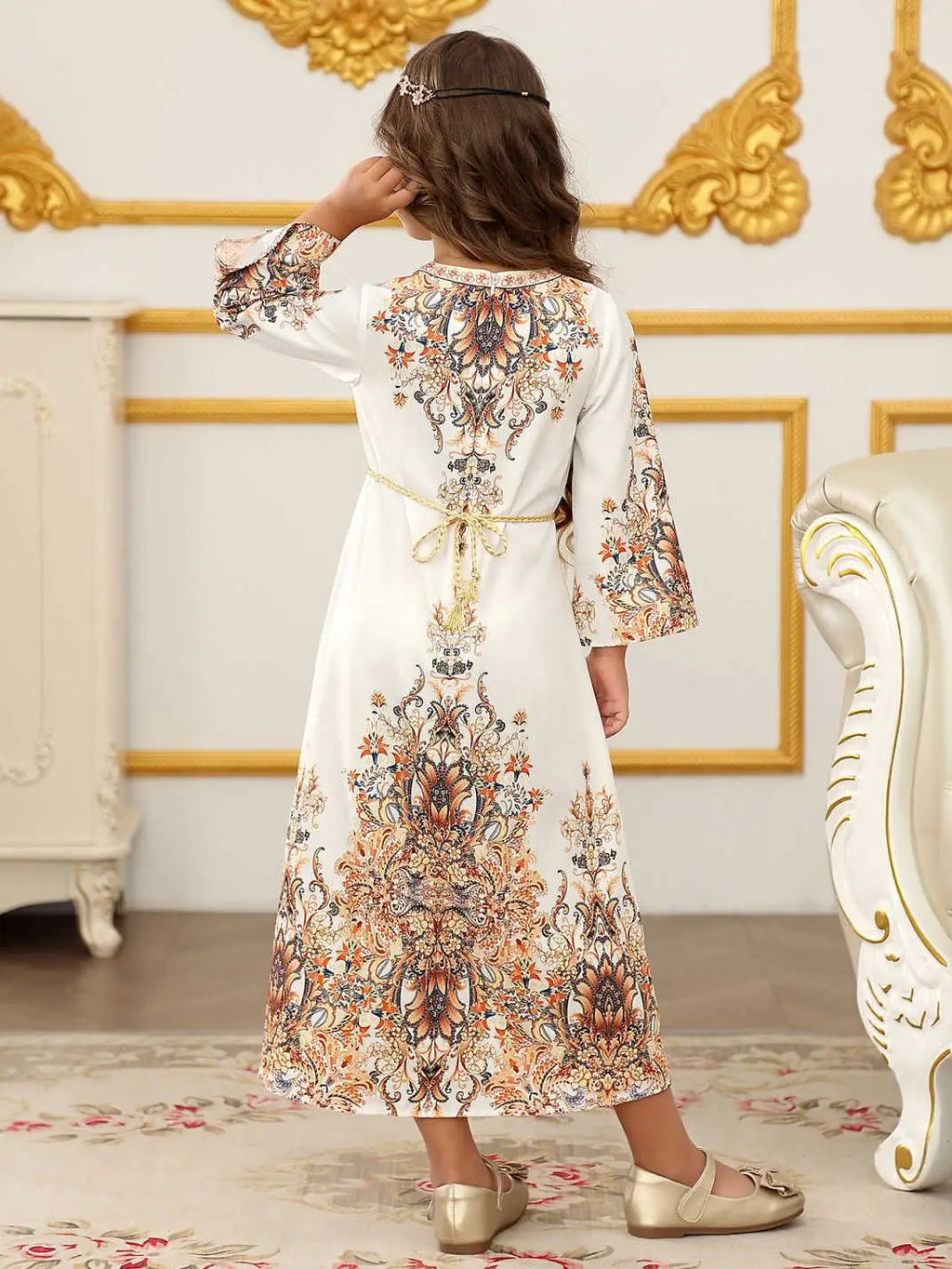 Middle East Robes for Girls Muslim Fashion Abayas Arabian Turkish Kaftan Dubai Islamic Children Clothing Print Dress Party Gowns